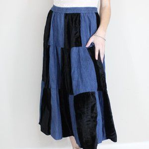Vintage 90s Cottagecore Denim Velvet Patchwork Maxi Skirt